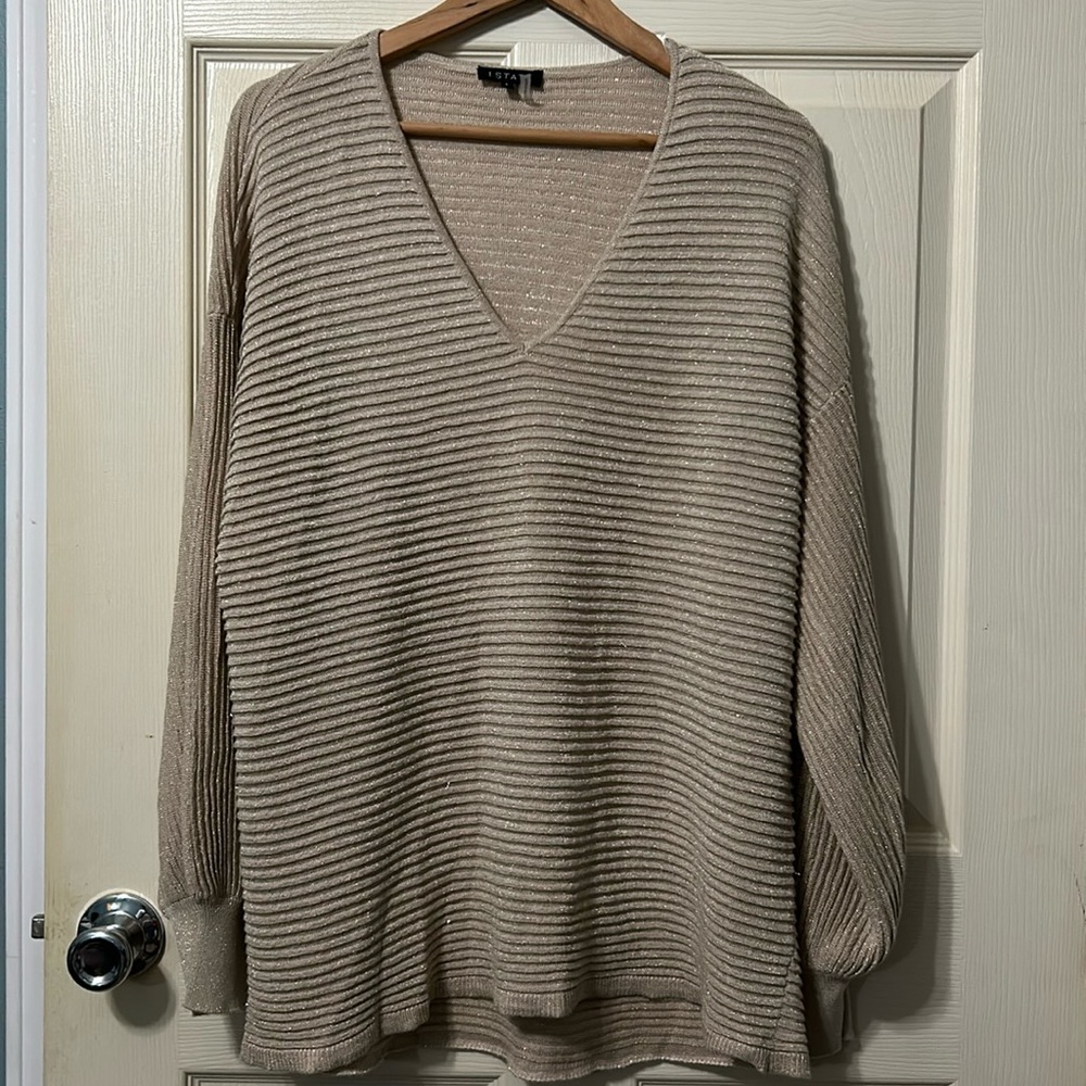 1. State Ribbed Balloon Sleeve Gold‎ Tinsel Sweater Women’s Large NWOT